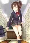  bad_id bad_pixiv_id bag blazer blush brown_eyes brown_hair jacket keychain leg_up mokoke original panties pantyshot ponytail school_bag school_uniform short_hair smile solo underwear 