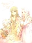  bouquet claudia_hortensia dress eyepatch fate/zero fate_(series) flower green_hair irisviel_von_einzbern long_hair mature mother's_day multiple_girls red_eyes shawl short_hair sunday31 toosaka_aoi wavy_hair white_hair yellow_eyes 