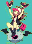  bad_id bad_pixiv_id bag baseball_cap black_footwear blue_background boots boots_removed brown_hair cross-laced_footwear gen_5_pokemon hat holding holding_boots lace-up_boots long_hair open_mouth pikiru pokemon pokemon_(creature) pokemon_(game) pokemon_bw ponytail shoes_removed sitting socks touko_(pokemon) woobat 