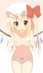  bad_id bad_pixiv_id blonde_hair blush bow collarbone condom condom_in_mouth covering covering_nipples flandre_scarlet hands_on_own_chest hat hat_bow leaning_forward long_hair looking_at_viewer mouth_hold navel oniku_(shimofuri-ke) panties pink_background red_eyes side_ponytail simple_background smile solo topless touhou underwear underwear_only white_panties wings 