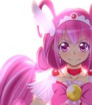  backlighting blush bow choker cure_happy earrings eyelashes head_wings hoshizora_miyuki jewelry long_hair magical_girl passevo pink pink_bow pink_choker pink_eyes pink_hair precure simple_background smile smile_precure! solo tiara twintails white_background 