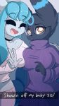  2019 anthro big_breasts black_fur blue_fur breast_squish breasts breasts_frottage camera_view canid canine clothed clothing digital_media_(artwork) duo eeveelution english_text eyes_closed eyewear female fur glaceon glasses hi_res looking_at_viewer mammal midriff nintendo open_mouth pok&eacute;mon pok&eacute;mon_(species) seirva selfie shiny_pok&eacute;mon shirt sibling simple_background sister smile snapchat standing sweater text umbreon v_sign video_games 