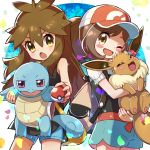  2girls ayumi_(pokemon) backpack bag baseball_cap black_shirt blue_(pokemon) blue_shorts blush_stickers brown_eyes brown_hair creatures_(company) eevee flower game_freak gen_1_pokemon hat holding holding_poke_ball holding_pokemon kingin long_hair multiple_girls nintendo one_eye_closed open_mouth petals poke_ball pokemon pokemon_(creature) pokemon_(game) pokemon_lgpe ponytail shirt short_sleeves shorts sleeveless sleeveless_shirt squirtle 