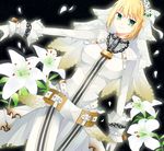  ahoge bad_id bad_pixiv_id bodysuit chain fate/extra fate/extra_ccc fate_(series) flower gloves green_eyes highres lily_(flower) lock mmm_ss nero_claudius_(bride)_(fate) nero_claudius_(fate)_(all) padlock solo veil white_gloves 