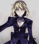  artoria_pendragon_(all) bad_id bad_pixiv_id blonde_hair breasts cleavage dress fate/stay_night fate_(series) hair_ribbon medium_breasts mmm_ss ribbon saber_alter solo yellow_eyes 