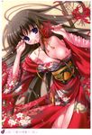  1girl absurdres ahoge artbook black_hair breasts flower frills from_above highres huge_ahoge japanese_clothes kimono long_hair lying mitsui_mana mouth_hold nipple_slip nipples no_bra obi on_back original purple_eyes ribbon_in_mouth sash scan solo spider_lily sweat tatami very_long_hair 