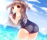  ass bare_shoulders blue_swimsuit bow brown_hair cloud day dearoliha food hair_bow highres leaning_forward long_hair looking_at_viewer looking_back ocean one-piece_swimsuit original outdoors popsicle red_eyes school_swimsuit sky solo swimsuit two_side_up wet 