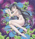  barefoot black_hair breasts flower hair_flower hair_ornament hydrangea legs long_hair medium_breasts navel nipples nude red_eyes ripples sanka_rea sankarea scar smile solo stitches tegaki_no_yuu very_long_hair 