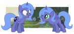  changeling cutie_mark duo equine everfree_forest female feral flausch-katzerl forest friendship_is_magic green_eyes happy horn mammal my_little_pony princess_luna_(mlp) shock shocked tree winged_unicorn wings wood 