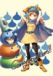  1girl :d :o alena_(dq4) ankle_boots arms_up bangs belt black_legwear blue_eyes blue_hair blush boots cape clift congratulations cosplay curly_hair dragon_quest dragon_quest_iv dress earrings gloves hands_on_headwear hat high_heels jewelry long_hair looking_at_viewer open_mouth orange_hair pantyhose parted_bangs red_eyes shoes short_dress short_hair sitting slime_(dragon_quest) slime_tower slime_tower_(cosplay) smile standing strap sweatdrop tonykun 
