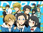  6+boys ;) ^_^ animal_helmet bad_id bad_pixiv_id bespectacled black_hair blonde_hair blue_eyes book brown_hair caution_tape celty_sturluson cigarette closed_eyes copyright_name crossed_arms durarara!! glasses hand_on_shoulder heart heiwajima_shizuo helmet holding holding_book holding_eyewear kadota_kyouhei karisawa_erika keep_out kida_masaomi kishitani_shinra letterboxed multiple_boys multiple_girls one_eye_closed open_book open_mouth orange_eyes orihara_izaya reading red_eyes ryuugamine_mikado smile smoking sonohara_anri togusa_saburou yumasaki_walker yuuno_(yukioka) 