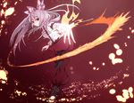  bow fire fujiwara_no_mokou hair_bow highres katayama_kei long_hair outstretched_hand pants red_eyes ribbon solo suspenders touhou white_hair 