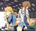  american_flag bad_id bad_pixiv_id bag baguette bread brown_hair charlotte_e_yeager closed_eyes denim denim_shorts food gertrud_barkhorn ground_vehicle kisetsu long_hair midriff milk motor_vehicle motorcycle multiple_girls orange_hair short_shorts shorts sleeves_rolled_up strike_witches world_witches_series 