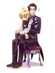  alois_trancy animal animal_on_head bird bird_on_head black_hair black_legwear blonde_hair blue_eyes boots bow claude_faustus food food_on_body food_on_clothes food_on_face fruit full_body glasses gloves kuroshitsuji male_focus multiple_boys on_head ribbon stool strawberry thighhighs windbard yellow_eyes 