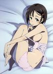  absurdres adachi_shingo barefoot bed_sheet blue_eyes blush bra bra_pull breasts brown_hair fetal_position hair_ornament hairclip highres lingerie lying medium_breasts nipples non-web_source on_side panties short_hair sora_no_otoshimono source_request tomoko_(sora_no_otoshimono) underwear underwear_only 
