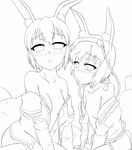  animal_ears bare_shoulders blush bottomless breasts bunny_ears bunny_tail collarbone flat_chest galbany_(tsgororin) greyscale hairband highres kemonomimi_mode komeiji_satori lineart looking_at_viewer lunasa_prismriver medium_breasts monochrome multiple_girls no_hat no_headwear off_shoulder open_clothes open_shirt shirt short_hair sitting small_breasts tail third_eye touhou 