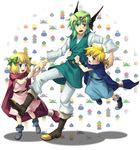  2boys belt bianca's_daughter bianca's_son blonde_hair blue_eyes boots bracelet brother_and_sister cape dragon_quest dragon_quest_iv dragon_quest_v dress earrings hair_ribbon helmet hero_(dq4) hug hug_from_behind jewelry multiple_boys ribbon short_hair siblings tonykun wrist_grab 