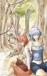  2girls animal_ears bare_shoulders blue_eyes blue_hair breasts eyes_closed forest midriff multiple_girls nature navel open_mouth red_hair tail water wood 