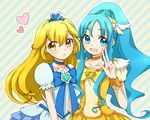  blonde_hair blue_choker blue_eyes blue_hair blue_skirt bow brooch choker commentary_request cosplay costume_switch cure_marine cure_marine_(cosplay) cure_peace cure_peace_(cosplay) hair_flaps heart heartcatch_precure! jewelry kise_yayoi kurumi_erika long_hair magical_girl mironomeo multiple_girls partial_commentary ponytail precure ribbon skirt smile smile_precure! v yellow_bow yellow_choker yellow_eyes yellow_skirt 