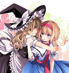  alice_margatroid blonde_hair blue_eyes bow capelet couple grin hairband hat hat_bow highres hug hug_from_behind kirisame_marisa long_hair multiple_girls smile touhou white_bow witch_hat yellow_eyes youko_(santarose) yuri 