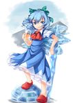  1girl alcohol bad_id bad_pixiv_id beer blue_eyes blue_hair bow cirno crocs cup dress frog grin hair_bow highres ice moss_(sphere211) short_hair smile solo sword touhou weapon wings 