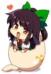  bad_id bad_pixiv_id black_wings blush bow brown_eyes chibi egg hair_bow hatching heart long_hair matatabi_maru open_mouth ponytail purple_hair radiation_symbol reiuji_utsuho shirt skirt smile solo third_eye touhou wings 