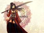  auron bad_id bad_pixiv_id belt black_hair boots bottle breasts cleavage coat copyright_name final_fantasy final_fantasy_x genderswap genderswap_(mtf) gloves hips j_(onose1213) legs lips lipstick long_hair looking_at_viewer makeup ponytail scar small_breasts solo standing sword thighhighs weapon 