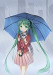  absurdres amemiya_ruki green_eyes green_hair hatsune_miku highres long_hair rain scarf skirt solo twintails umbrella very_long_hair vocaloid 