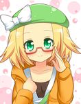  bad_id bad_pixiv_id bel_(pokemon) beret blonde_hair blush glasses green_eyes hat hat_ribbon looking_at_viewer pokemon pokemon_(game) pokemon_bw2 ribbon semi-rimless_eyewear shinekalta short_hair smile solo 