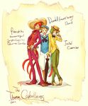  3boys blonde_hair chacckco cigar disney donald_duck green_hair happy hat jacket jose_carioca looking_at_camera looking_at_viewer male male_focus multiple_boys panchito_pistoles personification red_hair scarf short_hair smile smoking standing umbrella 