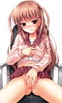  40010prototype :p atarashi_ako blush brown_hair chair clothed_masturbation covering covering_crotch long_hair looking_at_viewer masturbation naughty_face pussy_juice red_eyes saki saki_achiga-hen simple_background sitting solo tongue tongue_out twintails very_long_hair 