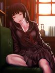  black_hair black_serafuku black_skirt breasts couch kanoe_yuuko kome_(okome-smile) lips long_hair medium_breasts no_legwear red_eyes school_uniform serafuku sitting skirt smile solo tasogare_otome_x_amnesia 