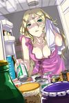  blonde_hair bottle breasts can cleavage denchuubou food green_eyes indoors jpeg_artifacts kanzaki_mikoto large_breasts moegacha mole mole_under_eye pov pudding refrigerator refrigerator_interior towel 