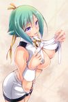 aquarion_(series) aquarion_evol areola_slip areolae ayano_naoto bangs bare_shoulders blush breasts butt_crack clothes_lift eyebrows_visible_through_hair from_above green_hair hair_ribbon highres large_breasts lifted_by_self open_mouth purple_eyes revealing_clothes ribbon shiny shiny_skin short_hair skirt solo standing white_skirt wrist_cuffs yellow_ribbon zessica_wong 