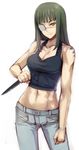  abs bare_shoulders black_hair breasts cleavage crop_top denim eyepatch jeans jormungand knife long_hair midriff navel orange_eyes pants prime reverse_grip small_breasts smile sofia_valmer solo tank_top tattoo toned velmet weapon white_background 