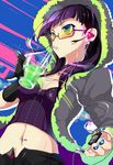  breasts bustier cleavage digital_media_player drinking drinking_straw earphones fingernails gloves green_eyes hood hoodie long_hair midriff mouth_hold nail_polish navel navel_piercing original piercing pochi_(pochi-goya) purple_hair single_glove small_breasts solo 