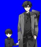  bad_id bad_pixiv_id black_eyes black_hair blue_background child emiya_kiritsugu fate/zero fate_(series) holding_hands kotomine_kirei male_focus mmm_ss multiple_boys muted_color simple_background time_paradox younger 