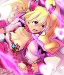  blonde_hair bow breasts choker cleavage collarbone cure_peach dutch_angle earrings fresh_precure! frilled_skirt frills hair_ornament heart heart_hair_ornament jewelry long_hair magical_girl magister_(medical_whiskey) medium_breasts momozono_love non-web_source open_mouth pink_bow pink_choker pink_eyes precure skirt solo twintails wrist_cuffs 