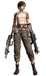  absurdres belt boots brown_hair capcom dual_wielding female flame flamethrower full_body gun highres official_art rebecca_chambers resident_evil resident_evil_0 resident_evil_5 short_hair simple_background solo standing vest weapon 