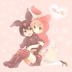  animal_ears apron blush boots bunny_ears conago elbow_gloves embarrassed flower gloves heart hug hug_from_behind kneehighs kuromi multiple_girls my_melody onegai_my_melody personification pink_background sitting striped striped_legwear thighhighs white_legwear zettai_ryouiki 
