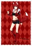  animal_ears armband artist_name belt black_legwear boots breasts choker cleavage cropped_jacket dated fang fingernails flower fox_ears fox_tail fur_trim groin heart high_heels highres kneehighs konshin medium_breasts microphone midriff navel opera_the_vermelho pixiv_fantasia pixiv_fantasia_sword_regalia red_eyes red_footwear red_hair shiny shiny_skin short_shorts shorts smile solo tail tattoo 