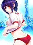  ass bad_id bad_pixiv_id berushi buruma butt_crack gym_uniform highres original purple_hair red_eyes shirt_lift short_hair solo water wet 