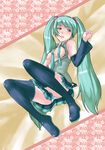  amashoku_jirou bad_id bad_pixiv_id boots breasts detached_sleeves green_eyes green_hair hatsune_miku long_hair medium_breasts necktie nipple_slip nipples open_clothes open_shirt panties shirt skirt solo thigh_boots thighhighs twintails underwear very_long_hair vocaloid 
