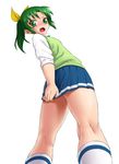  covering covering_ass from_below green_eyes green_hair kneepits legs looking_back midorikawa_nao nanairogaoka_middle_school_uniform onsoku_maru open_mouth ponytail precure school_uniform simple_background skirt skirt_tug sleeves_rolled_up smile_precure! solo sweater_vest thighs 