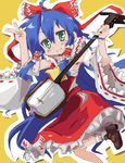  :3 ahoge blue_eyes blue_hair blush bow cosplay detached_sleeves frills green_eyes hair_tubes hakurei_reimu hakurei_reimu_(cosplay) instrument izumi_konata kango67 long_hair lucky_star mole mole_under_eye non-web_source shamisen socks solo touhou v very_long_hair wide_sleeves 