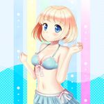  :o bikini bikini_skirt blonde_hair blue_eyes blush breasts cleavage front-tie_top masaki_mao medium_breasts navel original shiny shiny_skin short_hair solo swimsuit 