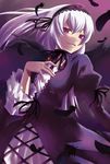  bad_id bad_pixiv_id black_dress black_wings cross-laced_clothes dress feathers frilled_sleeves frills hairband hijiki_(hijikini) lolita_hairband long_hair long_sleeves looking_at_viewer rozen_maiden shaded_face silver_hair solo suigintou upper_body very_long_hair wings 