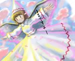  blush_stickers brown_hair cloud cloudy_sky collar danmaku day dress fairy flying from_below hat hyuuga_azuri lily_white long_sleeves outdoors outstretched_arms petals sky solo tate_eboshi touhou traditional_media watercolor_(medium) white_dress wings 