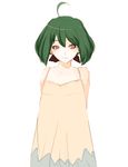  ahoge arms_behind_back asanuma bad_id bad_pixiv_id bangs bare_shoulders brown_dress closed_mouth cowboy_shot dress eyebrows_visible_through_hair flat_chest green_hair hair_ribbon light_smile looking_at_viewer macross macross_frontier ranka_lee red_eyes ribbon short_hair simple_background sleeveless sleeveless_dress solo white_background 