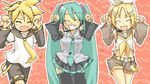  2girls aqua_hair bad_id bad_pixiv_id brother_and_sister caramelldansen hatsune_miku kagamine_len kagamine_rin multiple_girls oekaki shinosuke_(artist) siblings thighhighs twins twintails vocaloid zettai_ryouiki 